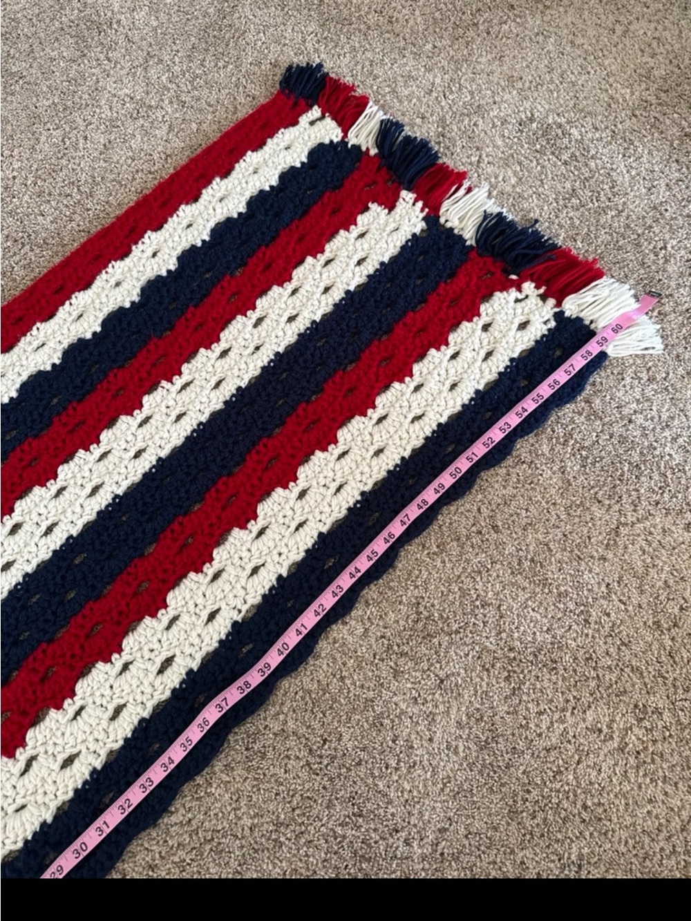 Hand Knit Crochet Red/White/Blue Blanket with tassels - Picture 7 of 12